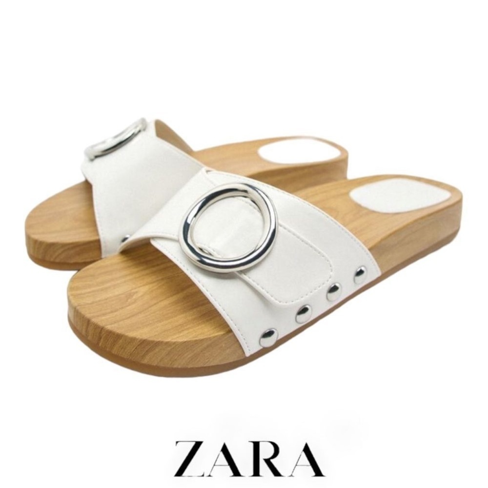 Zara White Slide Sandals with Silver Buckle